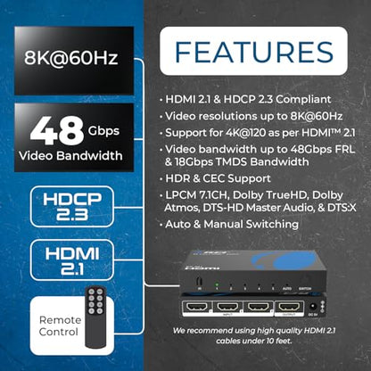 OREI 8K HDMI 2.1 Switch, 5-Port 5-in 1-Out, 8K@60Hz, HDR, Auto Switcher | hdmi switch with remote, hdmi switcher 5x1, 48Gbps, 4K@120Hz, VRR, ALLM, QFT, CEC, PS5/Xbox Compatible - size: 5x1 8K HDMI Switch