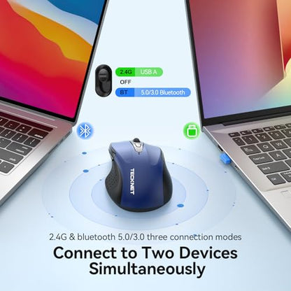 TECKNET Rechargeable Jiggler Wireless Mouse, Dual-Mode Connectivity, Blue | Silent USB A & Bluetooth Mouse, 6 Adjustable DPI, 6 Buttons, Ergonomic Design, Long Battery Life, Multi-Device Compatibility - color: Blue