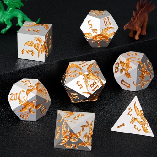 Metal D&D Dragon Dice Set,Metallic DND Polyhedral Dice for Dungeons and Dragons RPG TTRPG D&D 7-Die Set with Gift Case Pearl Silver Gold - color: Pearl Silver Gold