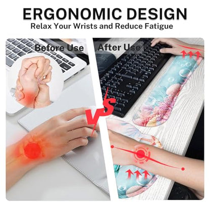 Britimes Pink Cute Deep Sea Mermaid Keyboard Mouse Pad Set 4in1 Large Mousepad+Keyboard Wrist Rest+Mouse Wrist Rest+Coaster Set with Ergonomic Design for Home Office Computer 35.4x15.7 inches - color: Mermaid