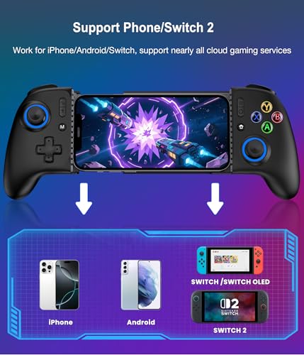 LIFUFUTEE Mobile Gaming Controller for iPhone/Android, Wireless Phone Controller with Hall Joysticks/Triggers, Mobile Controller Support Phone Case for Xbox Game Pass, Steam Link & More, Black