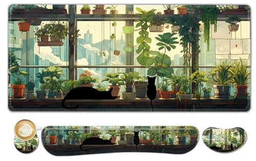 ToLuLu Extended Gaming Mouse Pad, Memory Foam Keyboard Mouse Wrist Rest Set | Large Desk Mat with Stitched Edges, Non-Slip Base Ergonomic Support Mousepad Home office, Cute Green Japanese Kawaii Cat - color: Cute Green Japanese Kawaii Cat