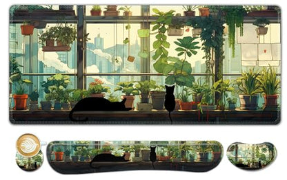 ToLuLu Extended Gaming Mouse Pad, Memory Foam Keyboard Mouse Wrist Rest Set | Large Desk Mat with Stitched Edges, Non-Slip Base Ergonomic Support Mousepad Home office, Cute Green Japanese Kawaii Cat - color: Cute Green Japanese Kawaii Cat