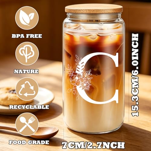 DHQH Birthday Gifts for Women, Monogrammed Gifts Box Included 16 oz Initial Glass Drinking Cup,Canvas Tote Bag, Personalized Iced Coffee Tumbler Gift for Women Her Mom Teacher Friends Sister, C - color: letter-cup-c