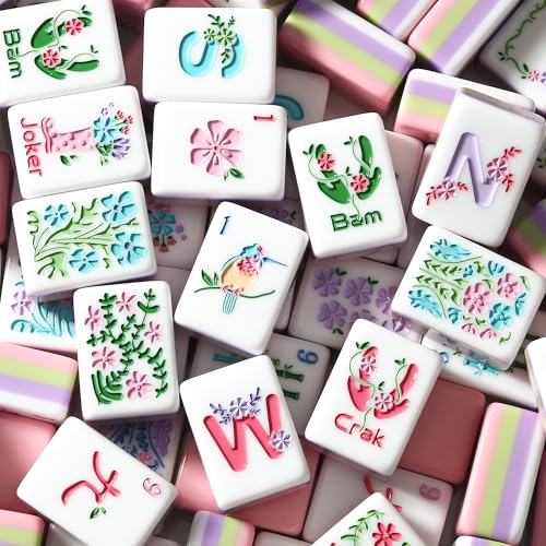 American Mahjong Tiles, Mahjong Travel Set, 160 Pink 4 Layer Mah Jong Game Tiles with Tile Bag, Gift-Ready Storage Box, 4 Dice with Pouch, Western Mah Jongg, Majong - color: Pink