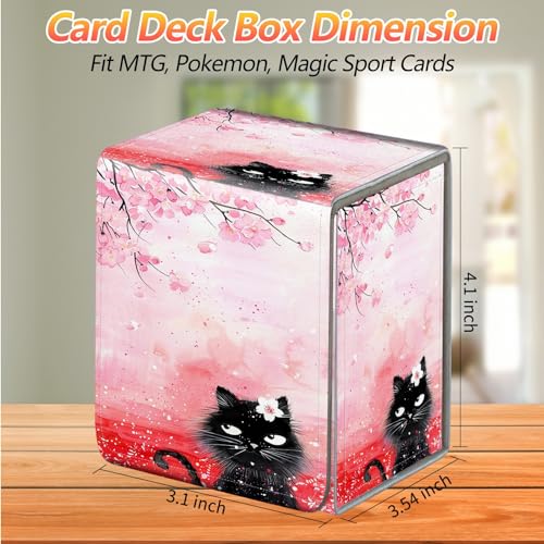 Card Deck Box, Card Storage Box Fits 100+ Single Sleeved Cards, Large Capacity PU Leather Card Storage Box with Strong Magnet for Magic Commander TCG CCG, Cherry Blossoms Cat - color: Cherry Blossoms Cat