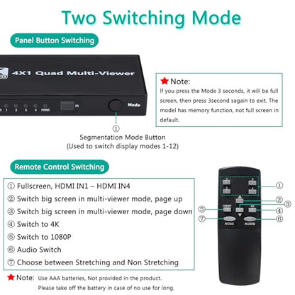 HDMI Multiviewer Switch 4x1, HDMI Quad Multi-Viewer 4 in 1 Out switcher with IR Remote, Support 4K@30Hz 1080P@60Hz and 12 Display Modes for Security Camera, Gaming Consoles