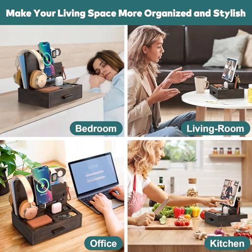 Sephyroth Rustic Wooden Phone Stand Organizer with Drawer Storage, Brown - color: Brown