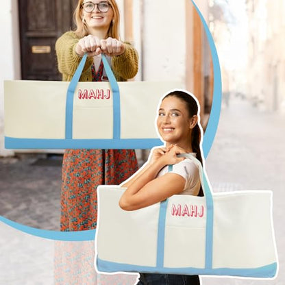 Mahjong Bag for Tiles and Racks Empty American Mahjong Tiles Carrying Tote 31.5 x 12 x 4 Inches Canvas Tile Games Accessories Gifts for Card Pushers Rack Mat Carrying (Case Only) (Blue) - color: Blue