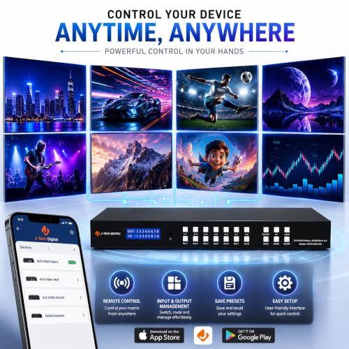 J-Tech Digital 8x8 HDMI Matrix Switch 4K 60Hz HDMI 2.0, Compatible with HDR Dolby Vision Audio Embedding Extraction Web GUI [JTECH-88MU] - size: 4K60 8x8 HDMI Matrix