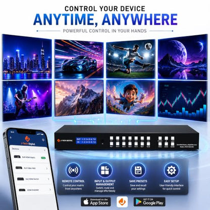 J-Tech Digital 8x8 HDMI Matrix Switch 4K 60Hz HDMI 2.0, Compatible with HDR Dolby Vision Audio Embedding Extraction Web GUI [JTECH-88MU] - size: 4K60 8x8 HDMI Matrix