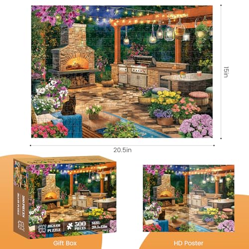 Cozy Flowers Garden Patio & Fireplace 500 Piece Puzzle, Relaxing Game | Fun and challenging for family time, relaxing gift for adults and seniors, 20.5 x 15 in - style: Night Patio