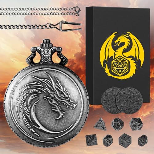Mini DND Dice Set with Steampunk Dragon Head Totem Pocket Watch Case, Tiny 7PCS Polyhedral Metal D&D Dice, DND Gifts with Gift Box, Role Playing Game Board Game Accessories Dice, Dark Silver - color: Dark Silver