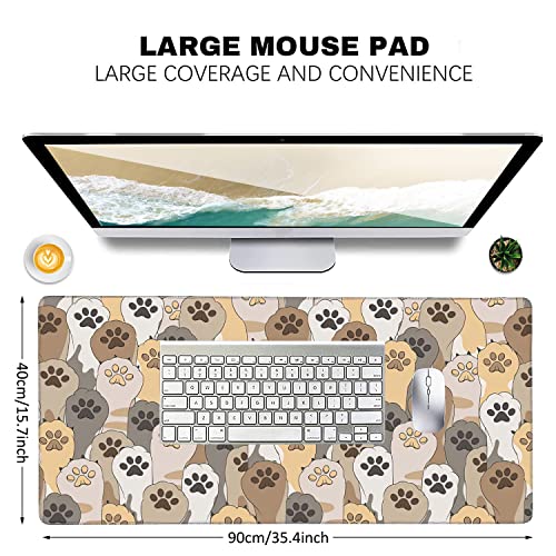 Kawaii Cute Cats Footprint Extended Gaming Mouse Pad Large Desk Mat with Non-Slip Rubber Base and Stitched Edges,Keyboard Mouse Mat Desk Pad for Work,Game,Office,Home 35.4 * 15.7 Inch - color: Kawaii Cute Cats Footprint