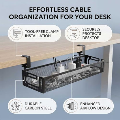 AUNMAS Under Desk Cable Management Tray Cord Organizer with Clamp for Home Office Standing Desk No Tools Needed Adjustable Mount Carbon Steel Mesh (L Black)