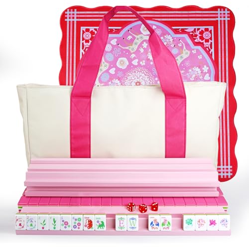 American Mahjong Game Set, Portable Carrying Bag,Acrylic 160 Tiles,Western Mahjong Tiles Set,Complete Ma Jong Set (Pink) - color: Pink