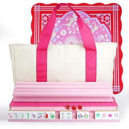 American Mahjong Game Set, Portable Carrying Bag,Acrylic 160 Tiles,Western Mahjong Tiles Set,Complete Ma Jong Set (Pink) - color: Pink