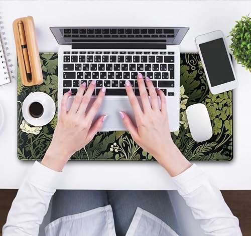 Green Leaves Beige Plants Pad, Large Extend Mouse Pad XXL, Freshness Foliage Keyboard Mat, Black Esthetics Desktop Mat Laptop Wireless Mouse Mat, Gift for Women 31.5"x15.75" - color: Green Leaves of Darkness