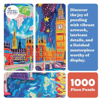 Cross & Glory | Jigsaw Puzzles for Adults | Starry Night in London | Vibrant Art of Big Ben & Red Double Decker | Landscape Puzzles for Adults | 2mm Thick Pieces | Satin Finish | Ages 14+ - color: Starry Night in London
