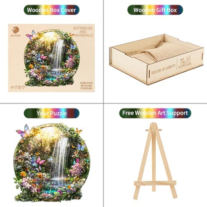 Wooden Puzzles for Adults, Butterflies and Waterfalls Jigsaw Puzzles, 301 Piece Unique Shaped Puzzle, 3D Visual Landscape Shape Puzzle, Gifts for Adults，Wall Decor(13.4 * 13 in) | Unique Shape Wooden Jigsaw Puzzle for Adults, Wood Puzzles, Challenge Woode