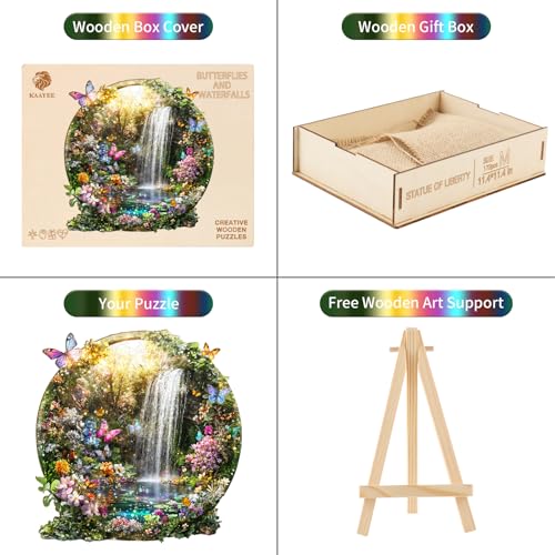 Wooden Puzzles for Adults, Butterflies and Waterfalls Jigsaw Puzzles, 208 Piece Unique Shaped Puzzle, 3D Visual Landscape Shape Puzzle, Gifts for Adults，Wall Decor(11.4 * 11.1 in) | Unique Shape Wooden Jigsaw Puzzle for Adults, Wood Puzzles, Challenge Woo