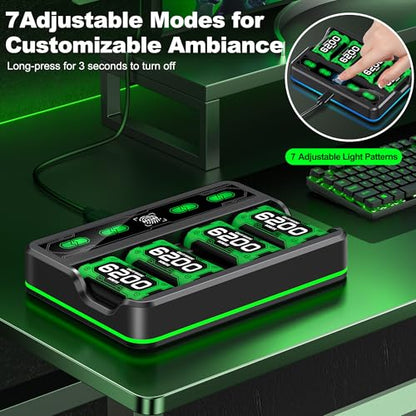 DXKK Xbox One Battery & Charger Sets - 4X 6200mWh Rechargeable Battery Pack with Touch Control LED Light for Xbox One/Series X|S Controllers, Black, L - color: Black with RGB, size: L-4 Pack 6620mWh