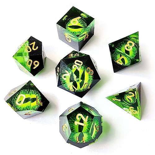 BESCON Dragon's Eye Sharp Edged Polyhedral Dice Set of 7, Handmade Dragon's Eye Dice for Role Playing Game - color: Green Eye Set