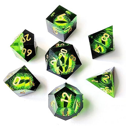 BESCON Dragon's Eye Sharp Edged Polyhedral Dice Set of 7, Handmade Dragon's Eye Dice for Role Playing Game - color: Green Eye Set