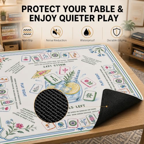 Summer Garden Mahjong Mat with Rules Non-Slip Noise Reduction Gaming Mats with Carrying Bag, American Mahjong Table Cover for Poker Board Card Games Dominoes, 31.5” x 31.5” - color: Summer Mahjong Garden