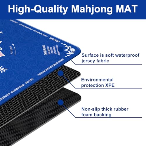 GreenD Mahjong Mat for Table 31.5"x31.5" Rubber American Mahjong Mat with Rules, Non Slip Noise Reduction Game Table Cover with Dice and Bag for Mahjong, Poker, Board, Card, Tile Games（Blue ）
