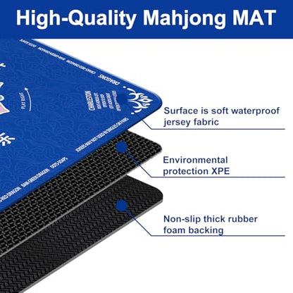 GreenD Mahjong Mat for Table 31.5"x31.5" Rubber American Mahjong Mat with Rules, Non Slip Noise Reduction Game Table Cover with Dice and Bag for Mahjong, Poker, Board, Card, Tile Games（Blue ）