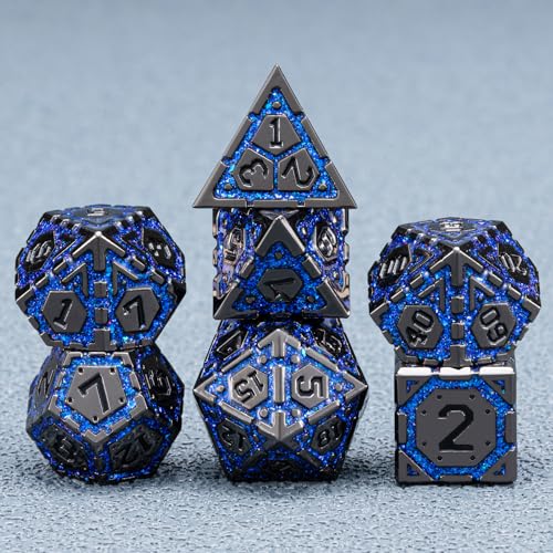 DND Metal Dice Set with Cracks, Polyhedral Dice for RPG D&D Dungeons and Dragons RPG TTRPG D and D 7-Die with Gift Case (Black Nickel Sapphire Blue) - color: Black Nickel Sapphire Blue