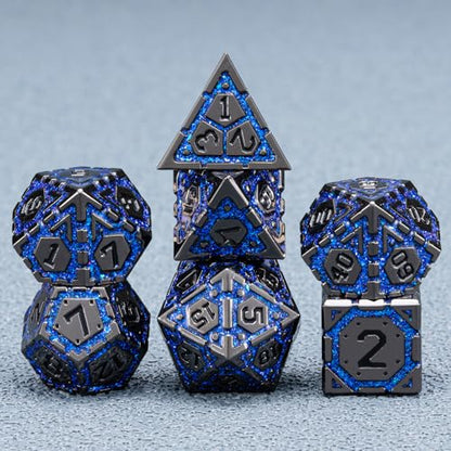 DND Metal Dice Set with Cracks, Polyhedral Dice for RPG D&D Dungeons and Dragons RPG TTRPG D and D 7-Die with Gift Case (Black Nickel Sapphire Blue) - color: Black Nickel Sapphire Blue