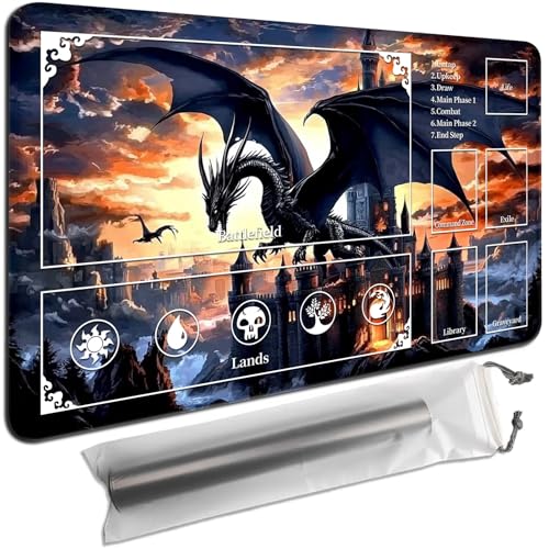 MTG Playmat with Zones 24x14 Inch – Trading Card Game Mat for Magic The Gathering,Commander Playmat with Storage Bags,TCG Card Battle Mat,Black Dragon Castle - color: Black Dragon Castle, size: 24x14 in