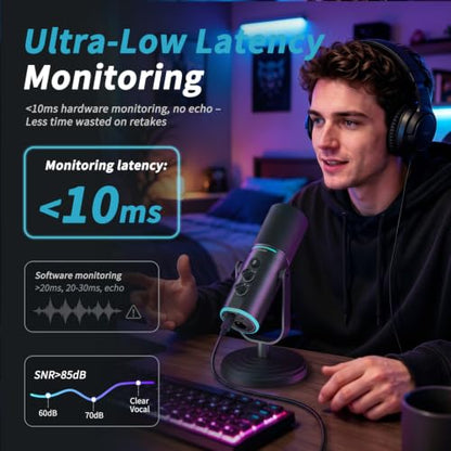 PUPGSIS Podcast Dynamic Microphone, XLR/USB Recording PC Microphones for Broadcast, Podcast, Recording, Gaming & Streaming, Studio Mic with Mute, Headphone Jack, Monitoring Volume Control, Windscreen - size: With Desk Stand