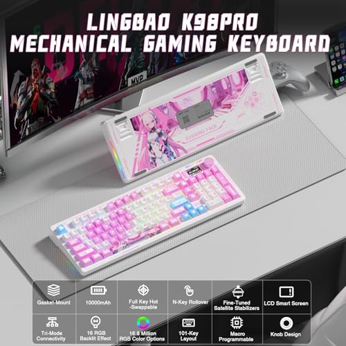 LINGBAO K98 PRO Anime Mechanical Keyboard Wireless, with Screen & Knob,RGB Gaming Keyboard, Tri-Mode BT5.0/2.4GHz/USB-C, Gasket Mount Hot Swappable Linear Switches Gamer Keyboards for PC/Mac/Android - color: K98Pro | 10000mAh | Anime Pink
