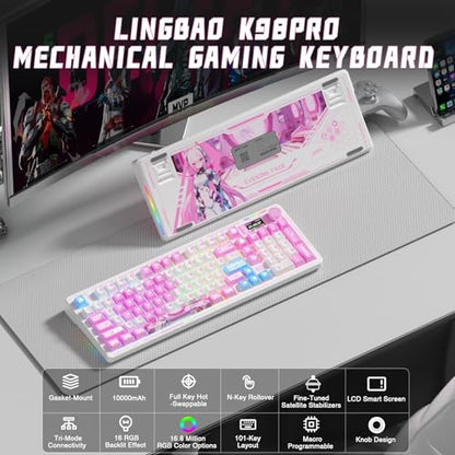 LINGBAO K98 PRO Anime Mechanical Keyboard Wireless, with Screen & Knob,RGB Gaming Keyboard, Tri-Mode BT5.0/2.4GHz/USB-C, Gasket Mount Hot Swappable Linear Switches Gamer Keyboards for PC/Mac/Android - color: K98Pro | 10000mAh | Anime Pink