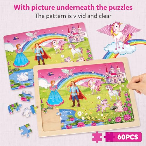 SYNARRY Unicorn Mermaid Princess Fairy Wooden Puzzles for Kids Ages 4-6, 6 Packs 60 PCs Jigsaw Puzzles for Kids Ages 4-8, Preschool Toys Gifts for Toddlers 3-5, Wood Puzzles for 3 4 5 6 Year Old Girls - style: Fantasy