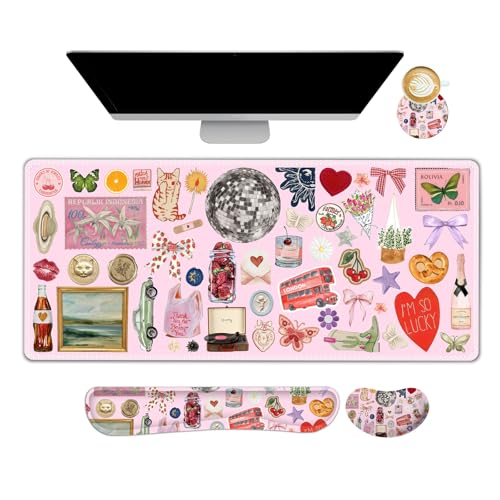 Desk Mat Pad, Gaming Mouse Pad Wrist Support Set, 4 in1 Non-Slip XXL Large Mousepad + Ergonomic Keyboard Wrist Rest+Mouse Wrist Rest+Coaster for Home Office Computer I Pink Colorful Stickers - color: Pink Colorful Stickers