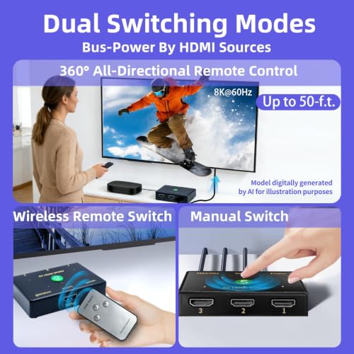 HDMI 2.1 Switch 3 in 1 Out 8K@60Hz, 4K@120Hz HDMI Switcher Wireless Remote | Power By HDMI Cable, Gaming Console, Streaming Device, Home Theater, Projector, Slim Dimension, Long Remote Distances