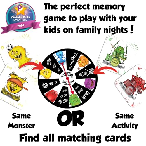 Hiding Monsters Award Winning Memory Games for Kids Ages 4-8. Spinner Wheel | Award-winning memory game with a spinner wheel. Easy to learn, high replay, fun for kids and families. Matching game - style: Hiding Monsters