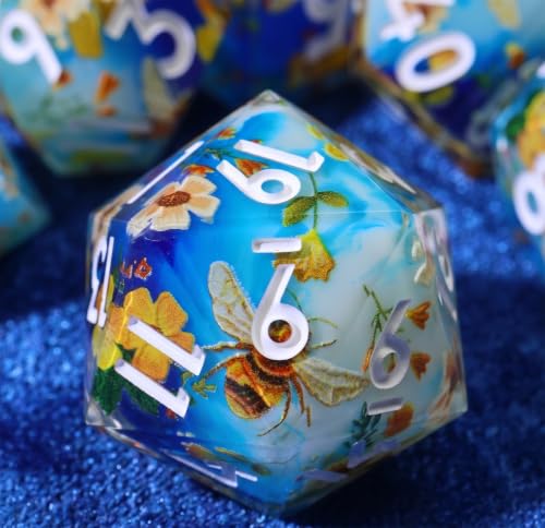 XENOLUX Resin DND Dice Set, Polyhedral RPG Dice for Dungeons and Dragons Board Games - Blue Sky White Clouds Bee & Flower Theme - Sharp Edge Handmade Solid Nature Dice (L14) - color: L14
