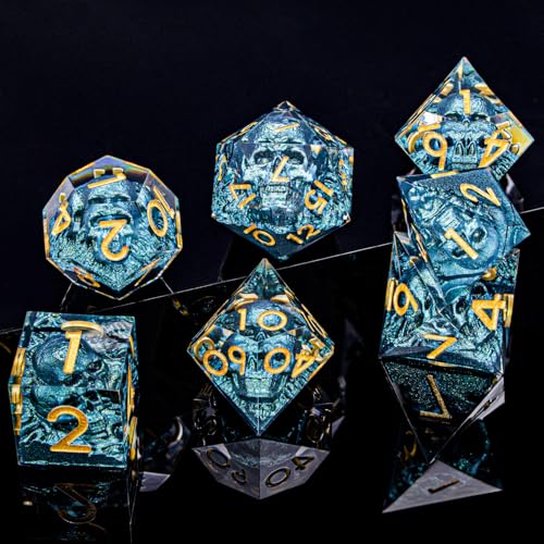 DND Skull Dice Set 7PCS Necromancer Polyhedral Dice for Dungeons Dragons RPG Role Playing Game, Resin Sharp Edged D and D Dice with Gift Box D6 D8 D10 D12 D20 (Navy Blue) - color: Navy Blue&gold