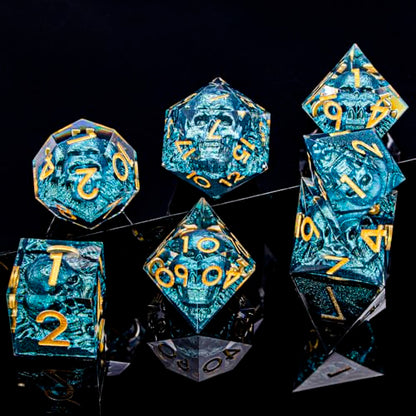 DND Skull Dice Set 7PCS Necromancer Polyhedral Dice for Dungeons Dragons RPG Role Playing Game, Resin Sharp Edged D and D Dice with Gift Box D6 D8 D10 D12 D20 (Navy Blue) - color: Navy Blue&gold