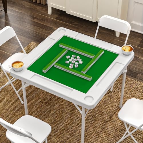 Mahjong Table, 35.4" Square Folding Card Table with Green Felt, Chip Trays, 4 Cup Holders, Multi-Game, Domino and Poker Tables for 4 Players, Portable Foldable Tables for Jigsaw Puzzles - color: White