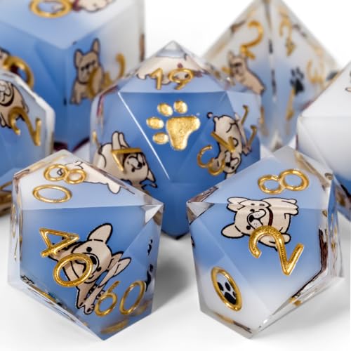 Poodle 7Pcs DND Dice Set,Sharp Edge Dog Resin Dice for RPG MTG | Polyhedral DND Dice,Smooth Polished Surface,Ideal Gift For Tabletop Role Playing Game Lovers Adults Women Men Teens - color: Blue and White, style: French Bulldog