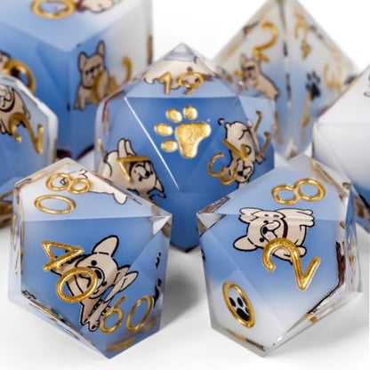 Poodle 7Pcs DND Dice Set,Sharp Edge Dog Resin Dice for RPG MTG | Polyhedral DND Dice,Smooth Polished Surface,Ideal Gift For Tabletop Role Playing Game Lovers Adults Women Men Teens - color: Blue and White, style: French Bulldog