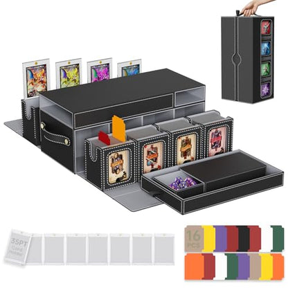 Mtg Commander Deck Box with Handle, 8Removable Deck Modular and 2Dice Trays | Holds 1040+Double-Sleeved Cards,Play mat Storage,Magnetic Lock,Magnetic Holders, Dividers Included,Display Window,Fit TCG/EDH - color: Black Grey, style: 8-Deck Modular Card Cas