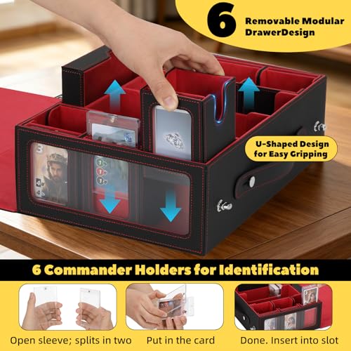 MTG Commander Deck Box with Handle, 6Removable Boxes,2-Row Case & Dice Tray | 9-in-1 Large Card Storage Box, Holds 1400+ Double-Sleeved Cards, Display Window,Mag Holders, Latch Closure,Fit TCG/EDH,Red - color: Red
