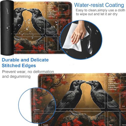 for MTG Card Playmat with Zones-Includes A Storage Bag and 6 Dice, 24 x 14 inches for TCG Playmat with Non-Slip Rubber, Game Mat, Autumn Crow - color: Yux-playmats-2-2A-282